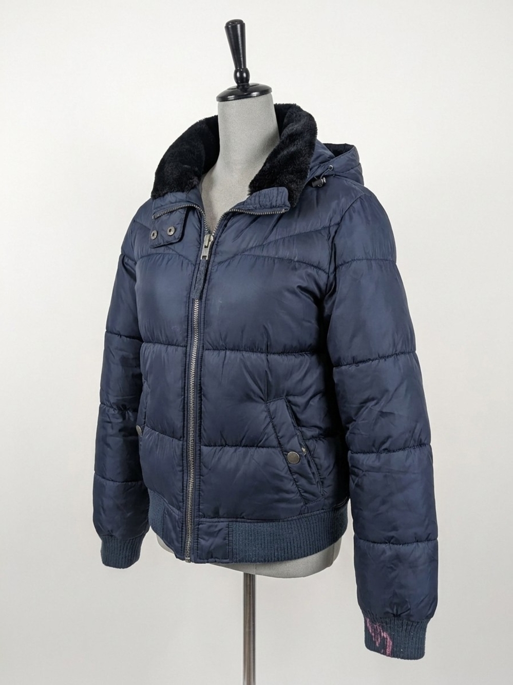 Aeropostale Y2K Navy Blue Faux Fur Hooded Puffer Jacket Women's Size M